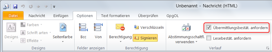 Übermittlungsbestätigung in Outlook einschalten